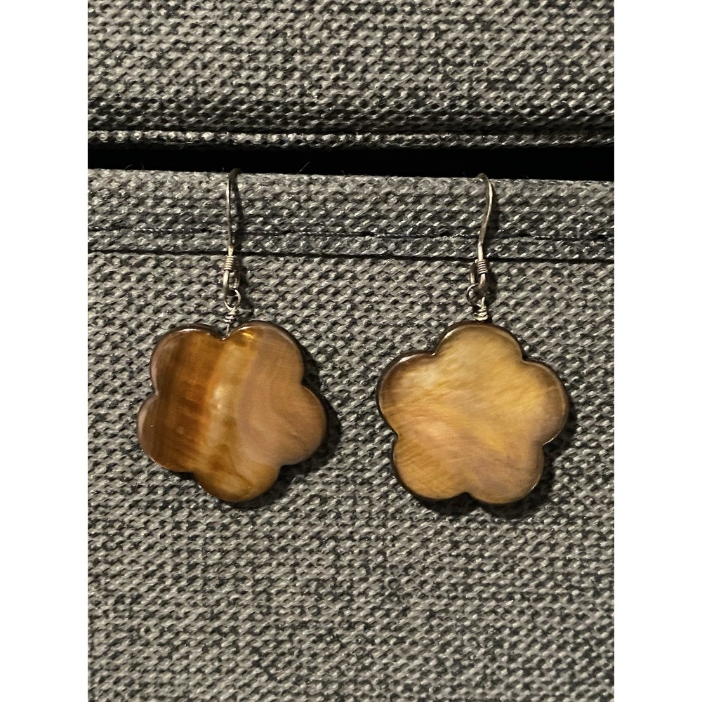 Sterling Silver & Mother Of Pearl Floral Dangle Honey Gold Hook Pierced Earrings